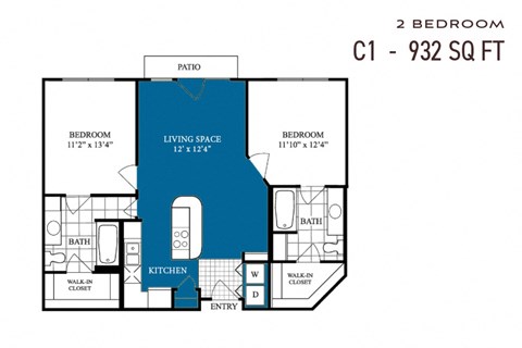 Floor plan for 2 beds, 2 baths, 932 sqft